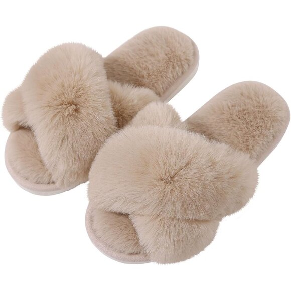 Women's Camel Fuzzy Slippers Cross Band Memory Foam Faux-fur Open Toe Shoes - Picture 1 of 6